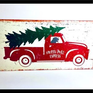 Dog Driving Red Truck Xmas Wood Box Sign Rustic